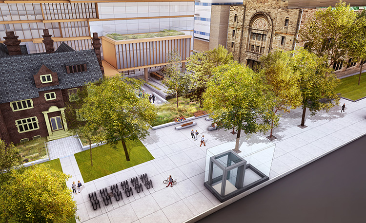 Aerial view of the plaza and front facade of 90 Queen's Park