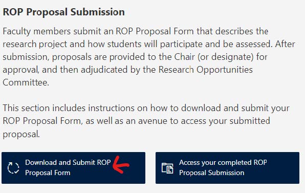 A red arrow points to the "Download and Submit ROP Proposal Form" button in a screenshot of the portal