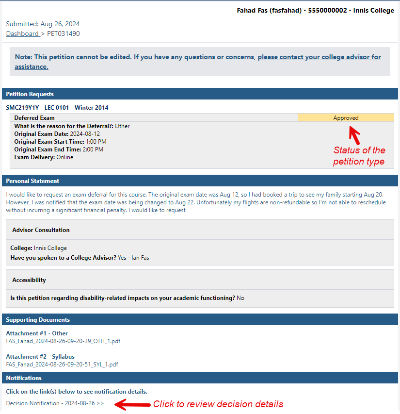 Screenshot of where to find your petition decision details