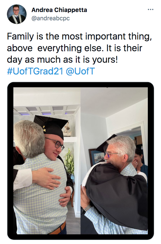 Andrea's twitter post about the importance of his family in light of his graduation on Convocation 2021