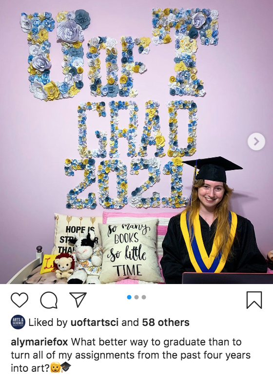 alymariefox's post on instagram on Convocation 2021 showing off her beautiful decorated wall made from assignment paper over her years at U of T