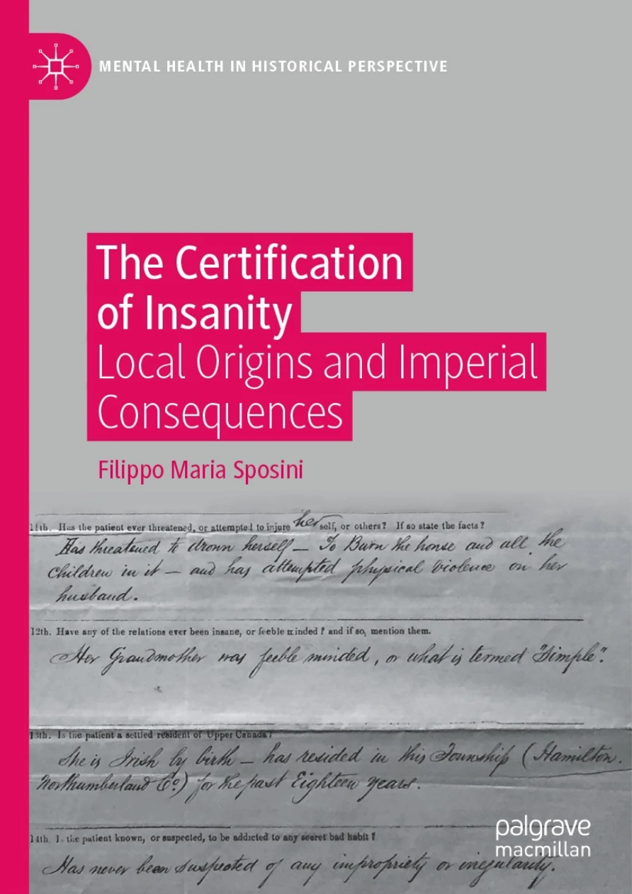 The cover of the book: The Certification of Insanity with white text highlighted pink.