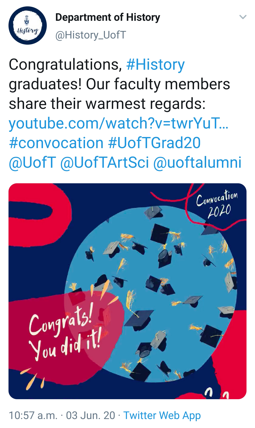 Post from department of history twitter about Convocation 2020