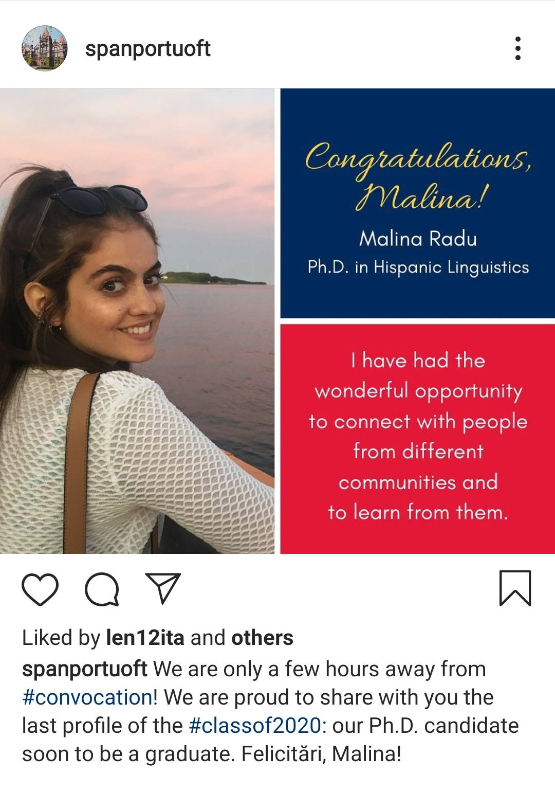 graduate profile of Malina Radu, a student from Spanish and Portugese department instagram account