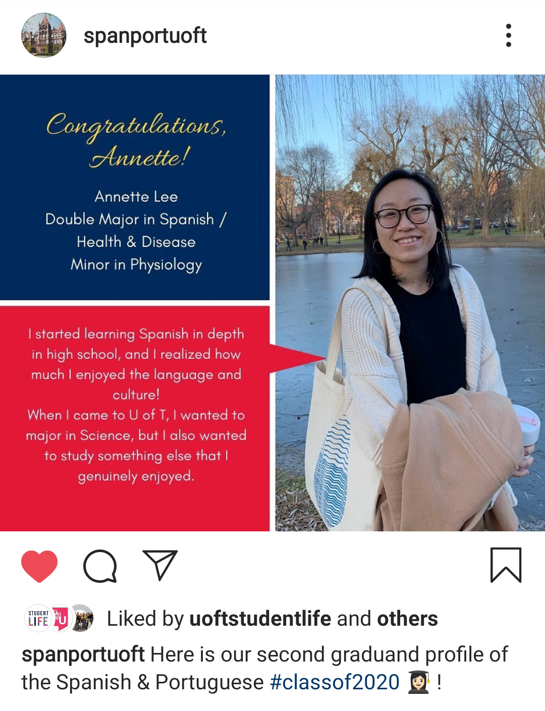 graduate profile of Annette Lee, a student from Spanish and Portugese department instagram account