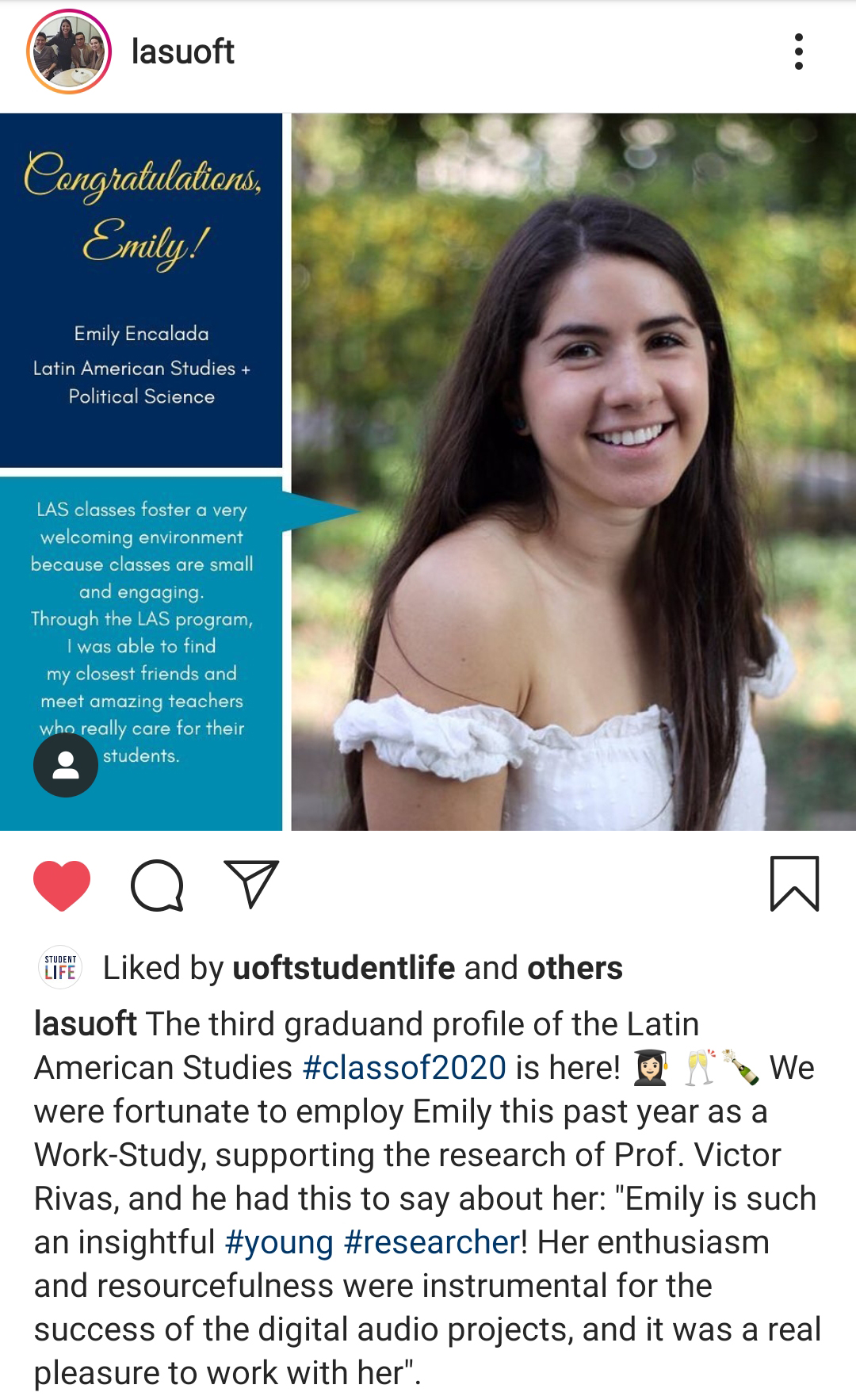 graduate profile of Emily Encalada, a student from Latin America department instagram account