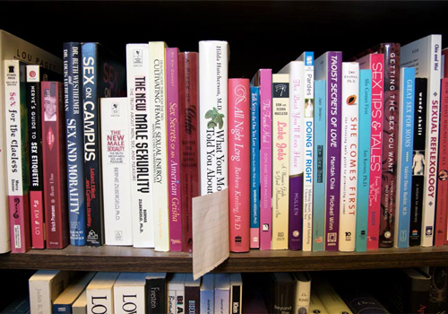 A series of books on a shelf.