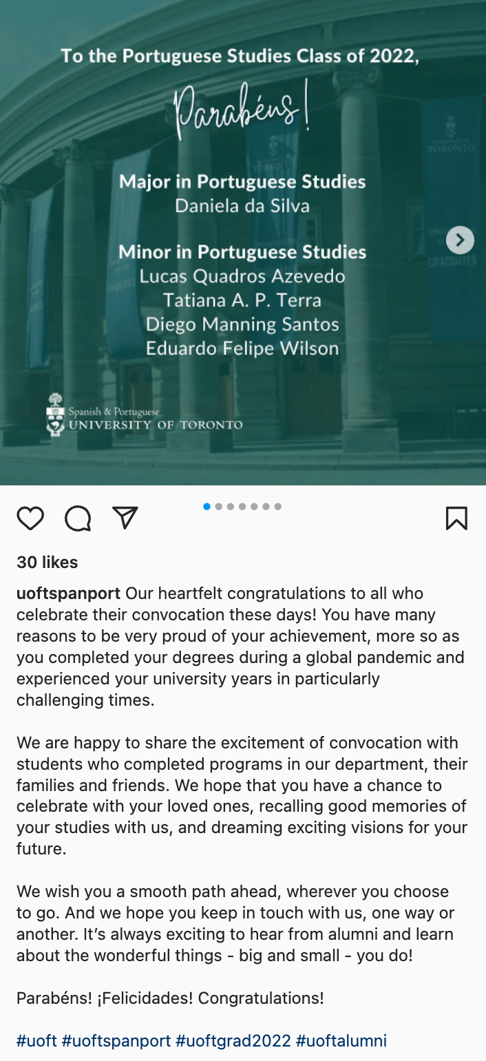 Convocation 2022 U of T Spanish and Portuguese department instagram post 2
