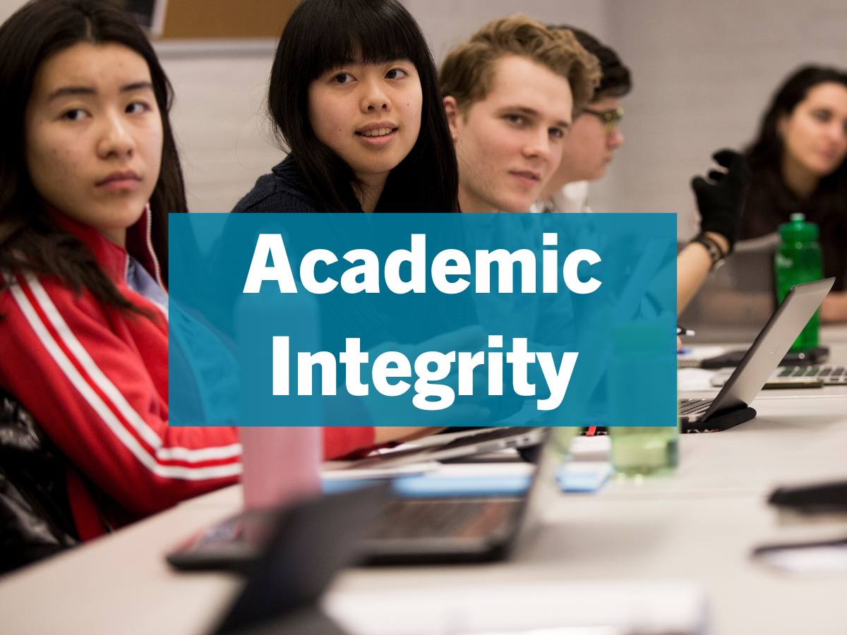 Text "academic integrity" overlay on an image of students in class