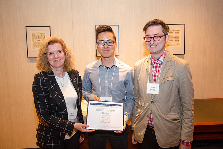 U of T Vice-President and Provost Cheryl Regehr with winner Ron Ma and Associate Professor James Cahill.