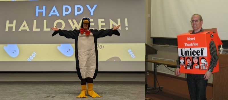 Professor in a penguin costume and a UNICEF box costume