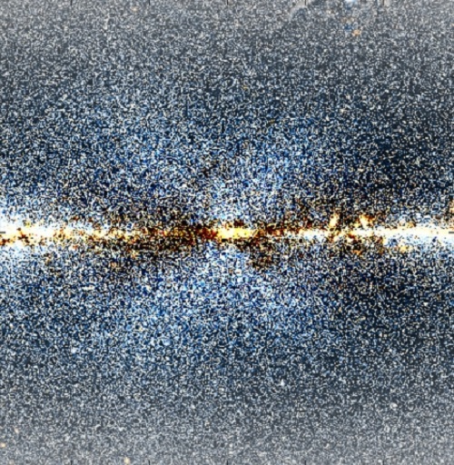Image of the Milky Way showing a denser X shaped cluster of stars in the centre.