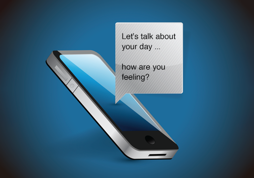 A graphic of a phone with chat bubbles that say, "Let's talk about your day... how are you feeling?".