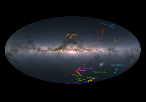 An illustration of the location of the stars in the dozen streams as seen across the sky