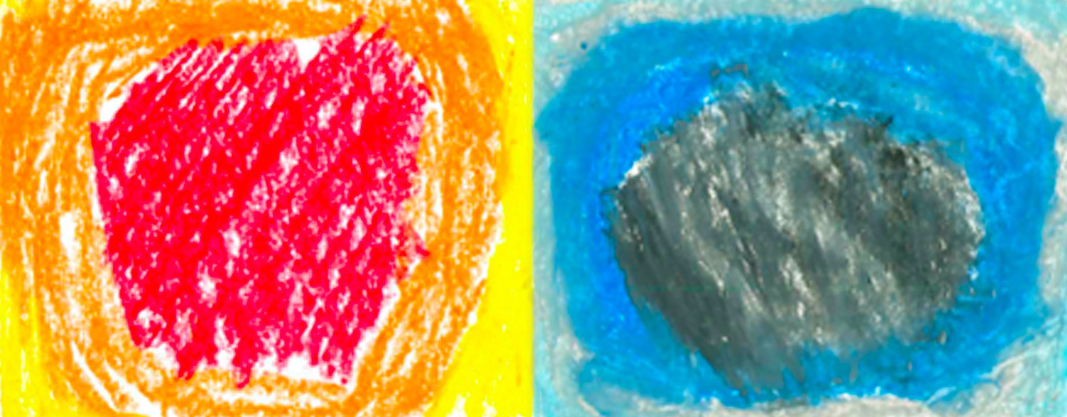 a red and yellow abstract drawing & a black and blue abstract drawing