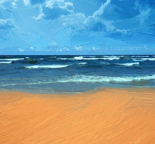 a  serene painting of a tropical beach