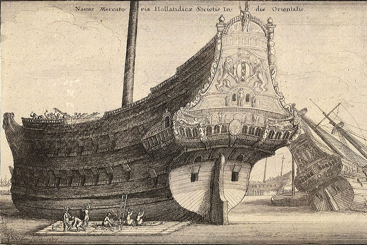AN illustrations of a 17th-century merchant ship.
