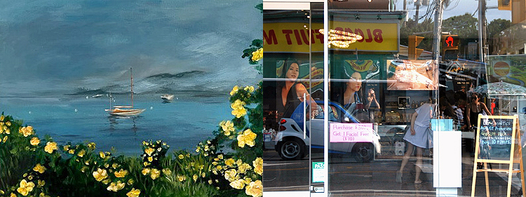 A painting of a boat and yellow flowers and an outside view of Window of O Hui.