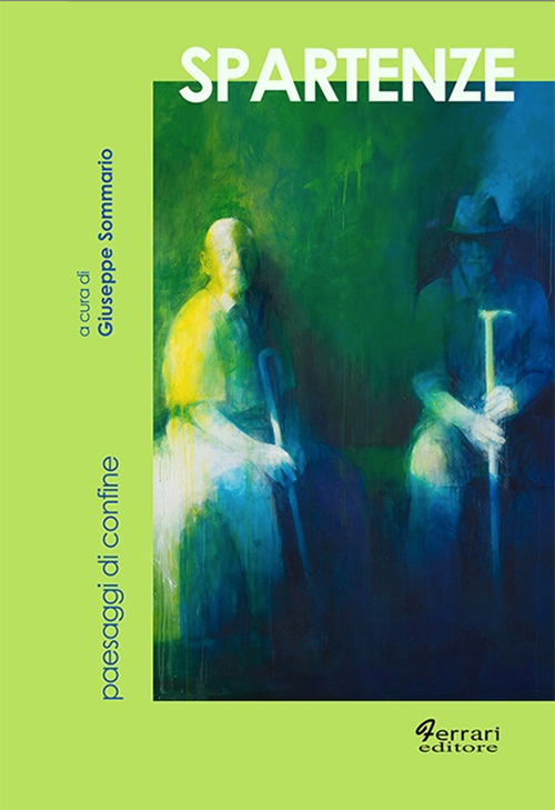 The cover of the book Spartenze featuring an abstract blue and green image of two people.