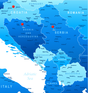 Map of Bosnia, Croatia and Serbia and surrounding areas. 