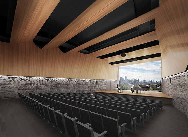 A rendering of the Centre for Civilizations features an auditorium with a Toronto skyline view