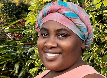 Headshots of Chido Muchemwa standing in front of greenery wearing a pink top and a matching pink and blue head scarf