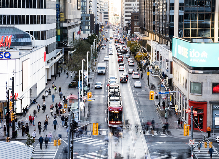 An aerial view of a busy downtown Toronto street.