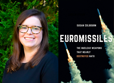 Book cover with title: Euromissiles — The Nuclear Weapons That Nearly Destroyed NATO. Image is of two missiles shooting skyward. Beside book is headshot of author.