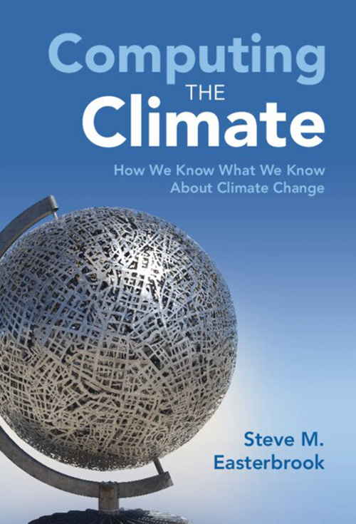 The cover of the book Computing the Climate, showing a blue sky and silver globe.