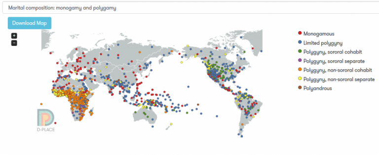 A map showing monogamous versus polygamous pre-industrial societies.