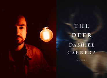 Headshot of Dashiel Carrera beside the cover of his book "The Deer"