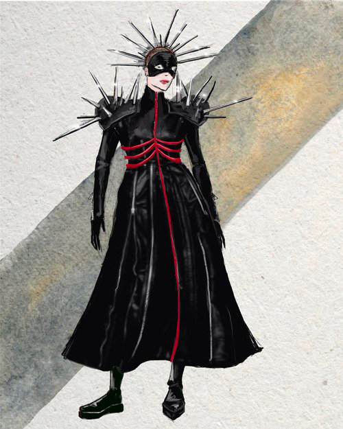 One of Snežana Pešić’s designs - an illustration of a woman dressed in black robe and spikey hat.