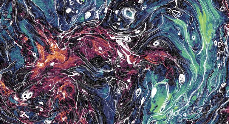 Colourful red, blue and green swirls.