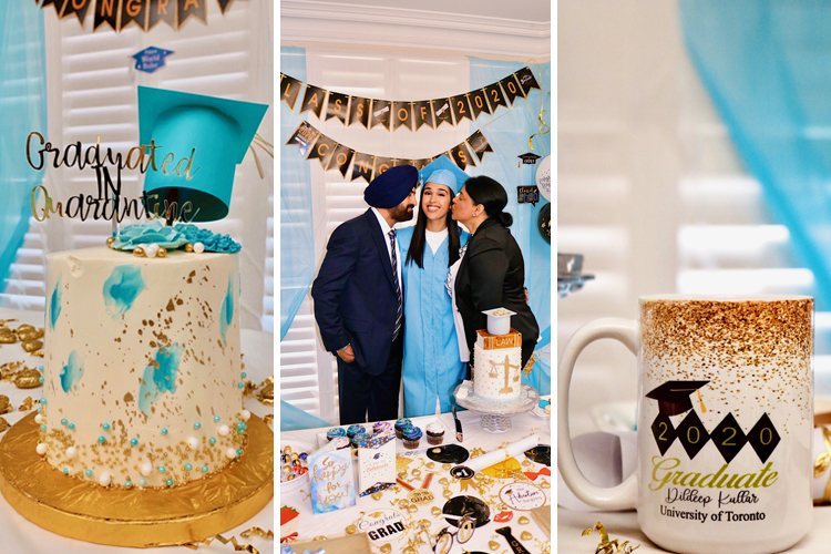 Dildeep Kullar poses with her parents alongside teal and gold decorations, plus a mug and cake