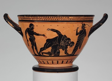 Depicted in this ancient drinking cup (circa 500 B.C.) is the pankration — an athletic contest that combined boxing, wrestling and kicking. 