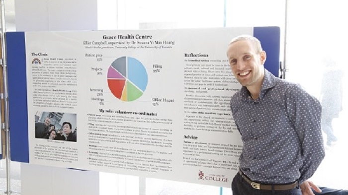 Elliot Campbell presents findings from his Health Studies practicum from a large Bristol board. 
