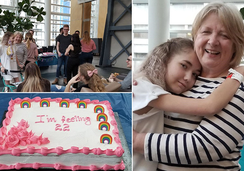 Photos from Arbow's 22nd birthday party, including a cake, Arbow hugging her mother, and her friends
