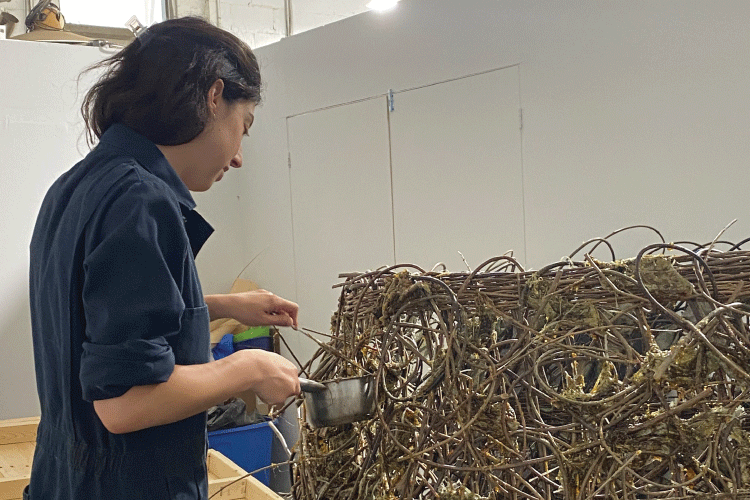 Emily working on sculpting the structure of the artwork.