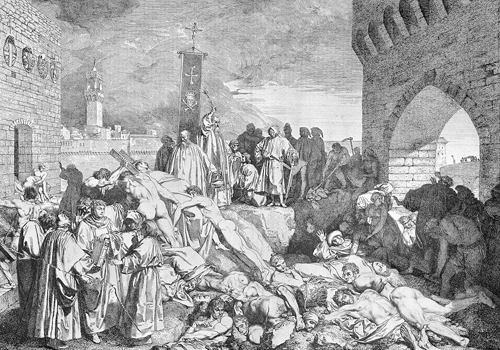an etching depicting people suffering the plague of Florence in 1348