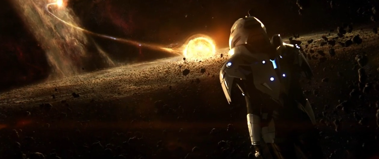 A still from Star Trek: Discovery; an astronaut faces two planets in the distance