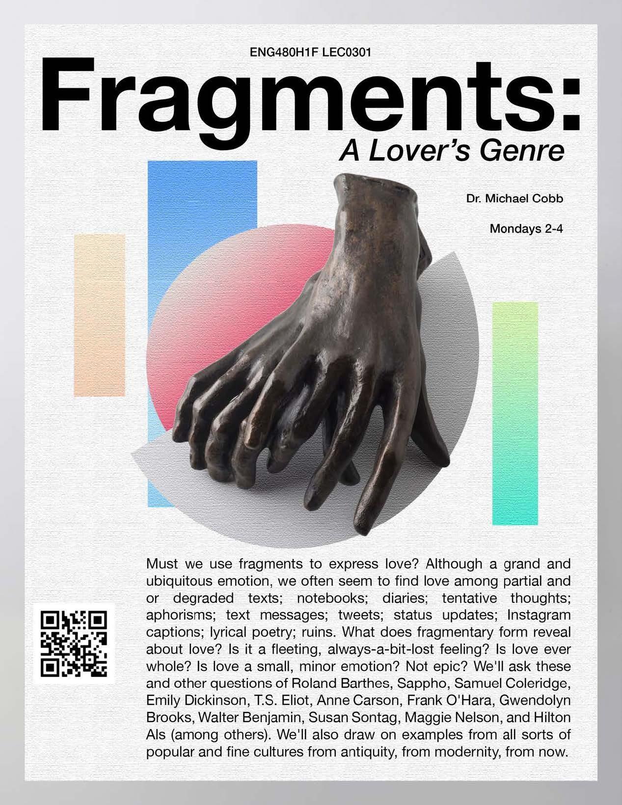 Poster for the course, “Fragments: A Lover’s Genre showing two hands