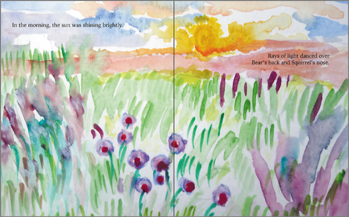 A watercolour painting of a field with flowers. Text: In the morning the sun shone brightly. Rays of light danced over Bear's back and Squirrel's nose.