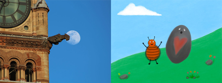 A gargoyle on a building and the moon in the background and a digital drawing of a rock and a bug.