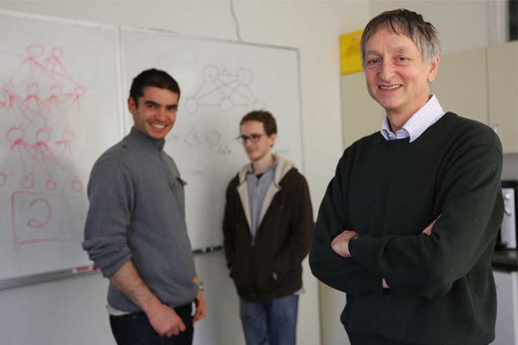 Geoffrey Hinton with graduate students Ilya Sutskever (left) and Alex Krizhevsky (right).