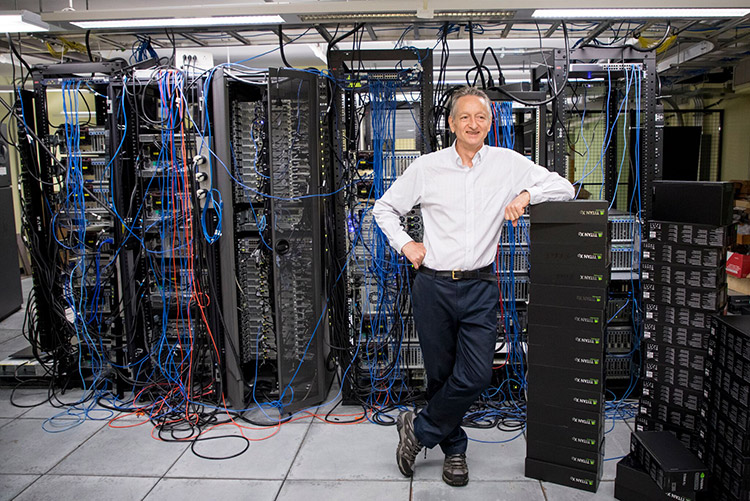 Geoffrey Hinton in the server room of the machine learning group, in U of T’s Department of Computer Science