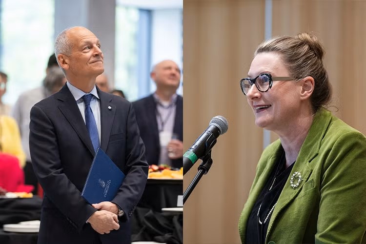 From left: President Meric Gertler watches a video, Alexandra Gillespie delivers remarks.