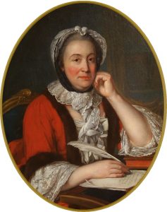 Painted oval portrait of Mme de Graffigny writing with a feather quill. 