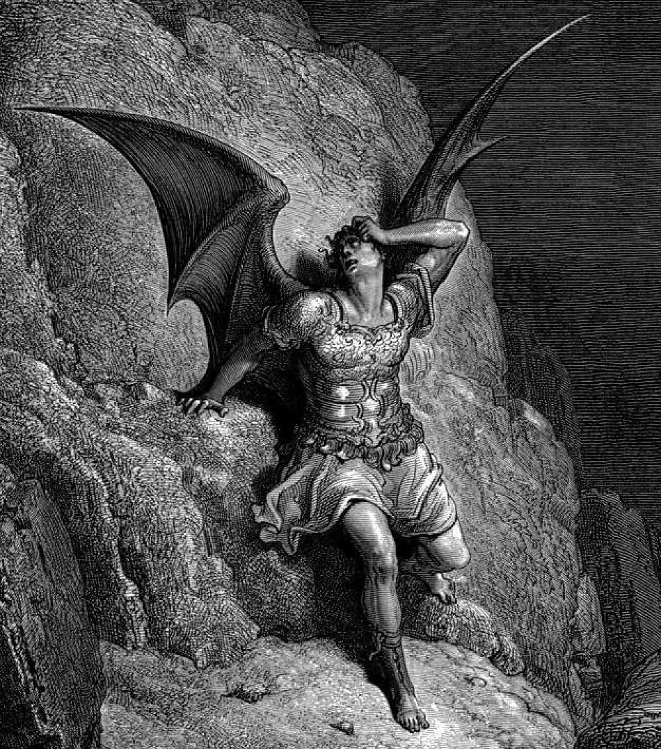 A black and white illustration of a person with the wings of a bat.