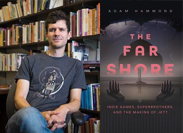 A composite image of Adam Hammond sitting on chair with books behind him and an image of his book "The Far Shore" beside it.