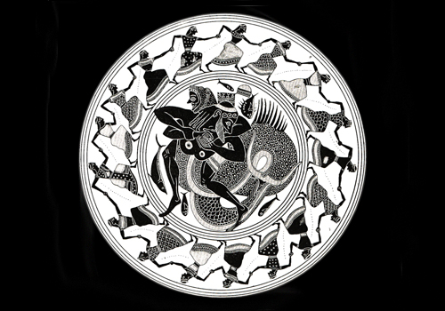 Herakles and Triton fighting in a 2-D image.